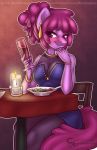  2019 alcohol anthro anthrofied berry_punch_(mlp) beverage blush bracelet breasts bumblebun candlestick cleavage clothed clothing colored_nails dress equid equine female friendship_is_magic hi_res horse jewelry mammal my_little_pony nails pony purple_eyes red_nails ring salad sitting solo table wine wine_glass 