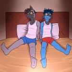  1:1 anthro anthrofied bed boxers_(clothing) clothed clothing duo fuze hi_res male nintendo on_bed pok&eacute;mon pok&eacute;mon_(species) poochyena riolu shirt sitting tank_top topwear underwear video_games 