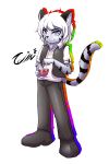  2015 anthro beverage black_fur blue_eyes blue_fur bottomwear clothed clothing cup felid food footwear fully_clothed fur hair hi_res looking_at_viewer male mammal pantherine pants shirt shoes simple_background smile solo steam stripes tailzkim tea tea_cup text tiger topwear vest white_background white_hair 