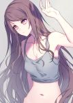  1girl arm_up armpits bangs breasts brown_hair cleavage closed_eyes closed_mouth collarbone commentary crop_top grey_background grey_shirt gundou_mirei highres long_hair navel nijisanji red_eyes shirt simple_background sleeveless small_breasts solo swept_bangs upper_body virtual_youtuber yuura 