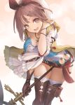  1girl artist_request atelier_(series) atelier_ryza belt boots breasts brown_eyes brown_gloves brown_hair collarbone commentary_request gloves hair_ornament hairclip hat holding holding_weapon jewelry looking_at_viewer medium_hair necklace open_mouth potion red_shorts reisalin_stout short_shorts shorts single_glove smile solo star star_necklace thigh_boots thighhighs upper_teeth weapon white_headwear 