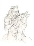  abs animal_genitalia anthro balls biceps canid canine canis duo finger_to_mouth fox greyscale hand_holding hibbary male male/male mammal monochrome muscular nude sheath simple_background size_difference sketch slim white_background wolf 