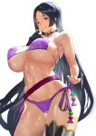  1girl absurdres armlet armpits ass bangs bare_shoulders beach beads bikini blush breasts choker cleavage day eyepatch_bikini fate/grand_order fate_(series) feet highres large_breasts long_hair looking_at_viewer low-tied_long_hair minamoto_no_raikou_(fate/grand_order) minamoto_no_raikou_(swimsuit_lancer)_(fate) navel open_toe_shoes parted_bangs parted_lips purple_bikini purple_eyes purple_hair rope sakanaaj1 side-tie_bikini sky smile solo squatting swimsuit thighs very_long_hair weapon white_background 