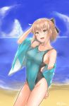  1girl absurdres ant.drew aqua_swimsuit beach black_bow blue_sky bow breasts cloud collarbone competition_swimsuit cowboy_shot day fate_(series) hair_bow half_updo highleg highleg_swimsuit highres horizon koha-ace light_brown_hair looking_at_viewer medium_breasts ocean okita_souji_(fate) okita_souji_(fate)_(all) one-piece_swimsuit open_mouth outdoors shinsengumi short_hair sky smile solo swimsuit upper_teeth 