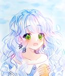  +_+ 1girl bare_shoulders blue_dress blue_sky blush cloud cloudy_sky collarbone day dress earrings green_eyes highres holding jewelry long_hair looking_at_viewer mamel_27 off-shoulder_dress off_shoulder open_mouth original outdoors round_teeth silver_hair sky solo teeth upper_teeth 