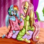  1:1 2019 5_fingers anibaruthecat anthro blush clothed clothing duo equid equine eyelashes female fingers fluttershy_(mlp) friendship_is_magic hand_holding hi_res hooves inside mammal my_little_pony navel open_mouth pillow pillow_ride pterippus purple_eyes rainbow_dash_(mlp) wet wet_clothing wings young 