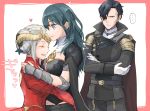  ... 1boy 2girls black_hair byleth_(fire_emblem) byleth_(fire_emblem)_(female) cape closed_eyes double_bun edelgard_von_hresvelg fire_emblem fire_emblem:_three_houses gloves green_hair hair_over_one_eye heart hubert_von_vestra hug looking_at_another medium_hair multiple_girls navel robaco silver_hair simple_background smile spoken_ellipsis stomach tiara upper_body yuri 