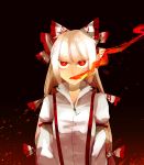  1girl arm_garter bow breathing_fire burnt_clothes fiery_pupils fire flame fujiwara_no_mokou hachimillion hair_bow long_hair long_sleeves red_eyes shirt simple_background solo suspenders touhou very_long_hair white_hair white_shirt 