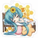  1girl absurdly_long_hair barefoot blue_hair blush chibi closed_eyes closed_mouth diagonal_stripes dress flower hair_flower hair_ornament hatsune_miku honeycomb_(pattern) honeycomb_background long_hair lying nametakenoko on_bed on_side pillow sleeping sleeveless sleeveless_dress solo star star_pillow striped sunflower twintails very_long_hair vocaloid white_background white_dress yellow_flower zzz 