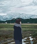  1girl arms_at_sides bangs blue_jacket brown_hair building closed_mouth cloud cloudy_sky cowboy_shot field from_side grey_scarf gumi. highres hood hood_down hooded_jacket jacket mittens mountain mountainous_horizon original outdoors profile scarf sky snow solo 