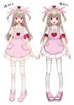  1girl apron armband bandages blush bunny_hair_ornament dress full_body hair_ornament hat heart highres light_brown_hair long_hair looking_at_viewer multiple_views natori_sana nurse_cap official_art open_mouth open_toe_shoes pink_apron pink_footwear pink_headwear puffy_short_sleeves puffy_sleeves red_eyes sana_channel short_sleeves simple_background solo standing tachi-e thighhighs translated two_side_up virtual_youtuber white_dress white_legwear zettai_ryouiki 