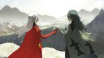  2girls black_coat blurry blurry_background byleth_(fire_emblem) byleth_(fire_emblem)_(female) cape castle cliff coat edelgard_von_hresvelg eye_contact fire_emblem fire_emblem:_three_houses gloves green_hair highres kisetsu long_hair looking_at_another mountain mountainous_horizon multiple_girls open_mouth outstretched_arm red_cape red_gloves smile standing yuri 