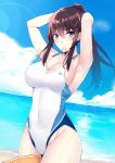  1girl arms_up beach between_legs blue_eyes blue_sky breasts brown_hair cleavage cloud collarbone commentary_request competition_swimsuit cowboy_shot day highres holding holding_hair horizon innertube kaerunoashi large_breasts lens_flare long_hair looking_at_viewer mouth_hold ocean one-piece_swimsuit original outdoors ponytail rubber_band sky solo swimsuit white_swimsuit 