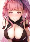  1girl bangs barefoot blunt_bangs blush breasts cleavage_cutout closed_eyes closed_mouth commentary_request corset fire_emblem fire_emblem:_three_houses fou_zi highres hilda_(fire_emblem) large_breasts leather long_hair looking_at_viewer nose_blush pink_eyes pink_hair simple_background sleeveless smile solo twintails upper_body white_legwear 