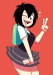  1girl backpack black_hair blush brown_eyes clothed clothing cute eyebrows eyelashes female female_focus hair happy heart japanese legs looking_at_viewer marvel one_eye_closed peni_parker school_uniform skirt smile solo solo_focus spider-man:_into_the_spider-verse spider-man_(series) teeth tongue v v_sign wink 