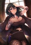  1girl arm_guards armor bangs black_cape black_shorts blue_eyes blue_hair blush breasts byleth_(fire_emblem) byleth_(fire_emblem)_(female) cape cleavage closed_mouth commentary_request cowboy_shot elbow_pads fire_emblem fou_zi hair_ornament hand_up highres huge_breasts indoors light_particles long_hair looking_at_viewer navel navel_cutout pantyhose revision sheath sheathed short_hair shorts sidelocks skindentation smile solo 