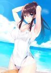  1girl arms_up beach blue_eyes blue_sky breasts brown_hair cleavage cloud collarbone commentary_request competition_swimsuit cowboy_shot day highres holding holding_hair horizon innertube kaerunoashi large_breasts lens_flare long_hair looking_at_viewer mouth_hold ocean one-piece_swimsuit original outdoors ponytail rubber_band shirt sky solo swimsuit t-shirt wet wet_clothes wet_shirt wet_t-shirt white_shirt white_swimsuit 