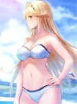  1girl absurdres anbe_yoshirou beach bikini blonde_hair blur breasts cleavage cloud gem hair_ornament headpiece highres hikari_(xenoblade_2) jewelry large_breasts long_hair looking_at_viewer navel ocean pose sky solo staring swimsuit thighs tiara tsundere very_long_hair xenoblade_(series) xenoblade_2 yellow_eyes 