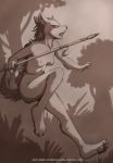  2019 anthro breasts canid canine conditional_dnp day detailed_background digital_media_(artwork) female grass hi_res holding_object holding_spear holding_weapon jay_naylor mammal melee_weapon nipples nude outside polearm sky solo spear teeth tree weapon 