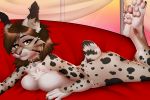  2019 4_toes anthro breast_squish breasts brown_hair butt collar detailed_background felid feline female fluffy hair hi_res looking_at_viewer lying lynx mammal manikanika medium_breasts nude on_front pawpads paws presenting short_hair short_tail sofa solo squish toes zaire_(nightdancer) 