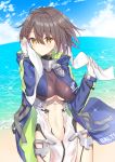  1girl absurdres azur_lane baltimore_(azur_lane) beach black_hair blue_jacket blue_sky braid breasts center_opening closed_mouth cloud cloudy_sky cowboy_shot day glint gloves hands_up highres holding horizon jacket large_breasts long_sleeves looking_at_viewer navel ocean outdoors short_hair sky solo standing takeg05 towel water wet wet_clothes white_gloves yellow_eyes 