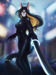  2019 5_fingers anthro black_hair blonde_hair blurred_background breasts city clothed clothing digital_media_(artwork) domestic_cat felid feline felis female fingers hair heterochromia holding_object holding_sword holding_weapon mammal melee_weapon miosha outside solo standing sword weapon yellow_eyes 