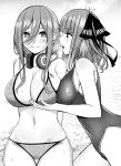  2girls arms_behind_back bangs bikini blush breasts cleavage closed_mouth cloud commentary_request fou_zi go-toubun_no_hanayome greyscale hair_between_eyes hair_ornament hair_ribbon headphones headphones_around_neck highres large_breasts long_hair looking_at_viewer monochrome multiple_girls nakano_miku nakano_nino navel one-piece_swimsuit open_mouth revision ribbon short_hair siblings sideboob simple_background sisters sky standing swimsuit thigh_gap water 