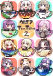  6+girls :d ;) ^_^ abigail_williams_(fate/grand_order) absurdres artoria_pendragon_(all) bangs black_dress black_hair black_jacket black_ribbon blonde_hair blue_bow blue_dress blue_jacket blue_legwear blush bow braid brown_eyes cape capelet chibi closed_eyes closed_mouth commentary_request cover cover_page cup dress eating ereshkigal_(fate/grand_order) eyebrows_visible_through_hair facing_viewer fate/extra fate/extra_ccc fate/grand_order fate_(series) food fur-trimmed_capelet fur-trimmed_jacket fur_trim green_bow green_ribbon grey_jacket hair_between_eyes hair_bow hair_over_one_eye hair_ribbon hamburger head_tilt headpiece highres holding holding_food hood hood_down hooded_jacket huge_filesize in_container in_cup ishtar_(fate/grand_order) jacket jako_(jakoo21) jeanne_d&#039;arc_(alter)_(fate) jeanne_d&#039;arc_(fate) jeanne_d&#039;arc_(fate)_(all) jeanne_d&#039;arc_alter_santa_lily katsushika_hokusai_(fate/grand_order) long_hair long_sleeves looking_at_viewer mash_kyrielight meltryllis multiple_girls necktie one_eye_closed open_clothes open_jacket open_mouth pink_hair puffy_sleeves purple_hair red_bow red_cape red_eyes red_neckwear ribbon saber_alter scathach_(fate)_(all) scathach_skadi_(fate/grand_order) single_braid single_thighhigh sleeves_past_fingers sleeves_past_wrists smile sparkle striped striped_bow striped_ribbon thighhighs tiara toeless_legwear two_side_up v-shaped_eyebrows wavy_mouth white_capelet white_hair wicked_dragon_witch_ver._shinjuku_1999 