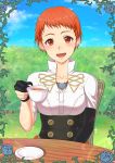  1girl blush cup fire_emblem fire_emblem:_three_houses flower gameplay_mechanics gloves grass leonie_pinelli open_mouth orange_eyes orange_hair rose short_hair single_glove sitting sky solo soyo2106 sparkle teacup thorns 