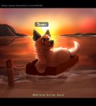 beach blue_eyes boat canid canine canis domestic_dog english_text fur hi_res m00nka mammal mountain outside pewdiepie rope seaside solo sunset sven_(pewdiepie) text tongue tongue_out vehicle water white_fur 