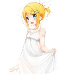  1girl :d arm_tattoo bare_arms bare_shoulders blue_tattoo blush bow collarbone dress flat_chest hair_bow hair_ornament hairclip kagamine_rin looking_at_viewer mizuhoshi_taichi number_tattoo open_mouth short_hair short_ponytail skirt_hold sleeveless sleeveless_dress smile solo spaghetti_strap sundress tattoo vocaloid white_dress 