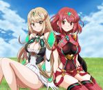  2girls armor bangs bare_shoulders blonde_hair blush breasts cleavage cleavage_cutout cloud cloudy_sky commentary covered_navel day dress dual_persona earrings elbow_gloves eyebrows_visible_through_hair fingerless_gloves gem gloves grass hair_ornament headpiece highres hikari_(xenoblade_2) homura_(xenoblade_2) jewelry kuro_hopper large_breasts long_hair looking_at_viewer multiple_girls pose red_eyes red_hair red_shorts short_hair short_shorts shorts shoulder_armor sky smile swept_bangs thighhighs tiara very_long_hair white_dress xenoblade_(series) xenoblade_2 yellow_eyes 
