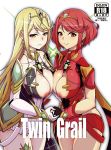  2girls armor bangs blonde_hair breasts cleavage cleavage_cutout cover_image dress elbow_gloves fingerless_gloves gem gloves hair_ornament headpiece highres hikari_(xenoblade_2) holding_hands homura_(xenoblade_2) jewelry large_breasts long_hair multiple_girls nipples red_eyes red_hair red_shorts short_hair shorts shoulder_armor solo swept_bangs translation_request white_dress xenoblade_(series) xenoblade_2 yellow_eyes 