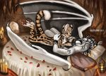  2019 4_toes 5_fingers anthro claws detailed_background dragon duo felid feline female fingers flashw fur horn lying male mammal membrane_(anatomy) membranous_wings nude on_back on_front scales scalie serval spines tan_fur toes western_dragon wings 