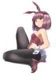  1girl alto-00 animal_ears black_legwear bunny_ears bunny_girl bunny_tail bunnysuit higashiyama_akira high_heels highres leotard looking_at_viewer magicami pantyhose purple_hair red_eyes red_footwear red_leotard short_hair sitting solo strapless strapless_leotard tail white_background wrist_cuffs 