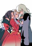  3girls byleth_(fire_emblem) byleth_(fire_emblem)_(female) closed_eyes dorothea_arnault dress earrings edelgard_von_hresvelg fire_emblem fire_emblem:_three_houses hand_on_another&#039;s_face hug hug_from_behind jewelry littlemute long_hair looking_at_another multiple_girls red_dress simple_background standing strapless strapless_dress tiara yuri 