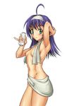  ahoge armpits blue_hair breasts covering fire_emblem fire_emblem:_souen_no_kiseki green_eyes hairband milk naked_towel navel nipple_slip nipples pinky_out shunzou small_breasts solo topless towel towel_around_neck wayu_(fire_emblem) white_hairband 