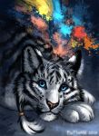 ambiguous_gender black_stripes blue_eyes feline feral flashw fur grey_fur lying mammal paws solo stripes tiger 