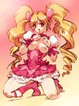  blonde_hair blush boots bow breasts choker cure_peach dress drill_hair fresh_precure! frills hair_ornament heart heart_hair_ornament hisahiko knee_boots kneeling long_hair magical_girl medium_breasts momozono_love nipples pink_bow pink_choker pink_eyes pink_footwear precure red_eyes shiny smile solo twintails 