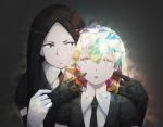  2others androgynous black_eyes black_gloves black_hair black_neckwear bort diamond_(houseki_no_kuni) elbow_gloves fingers_to_cheeks gem_uniform_(houseki_no_kuni) gloves grey_background highres houseki_no_kuni long_hair looking_at_viewer multicolored_hair multiple_others necktie open_mouth short_hair short_sleeves simple_background sparkle upper_body very_long_hair yang_zheng_yu 