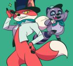  2019 anthro canid canine clothed clothing cute_fangs duo fox fur green_background grey_fur hat headgear headwear humanoid_hands junkmixart male mammal mao_mao_heroes_of_pure_heart procyonid raccoon red_fur reggie_(mao_mao) rufus_(mao_mao) simple_background slightly_chubby 
