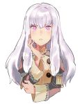  1girl aisutabetao bangs blush closed_mouth epaulettes fire_emblem fire_emblem:_three_houses jacket long_hair long_sleeves looking_at_viewer lysithea_von_ordelia pink_eyes purple_eyes simple_background solo uniform upper_body white_background white_hair 