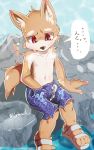  anthro bodily_fluids bottomwear brown_fur canid canine canis clothing cub cum cum_through_clothing domestic_dog fur genital_fluids japanese male mammal navel red_eyes shorts sitting solo sweat swimshorts text translation_request wet wet_clothing white_fur wuirnad young 