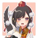 1girl :d alternate_eye_color bangs black_hair black_wings blush border camera commentary_request eyebrows_visible_through_hair feathered_wings hat leaf-pattern_stripe leaf_print looking_at_viewer mokokiyo_(asaddr) open_mouth outline outside_border pink_background pointy_ears pom_pom_(clothes) puffy_short_sleeves puffy_sleeves purple_eyes shameimaru_aya shirt short_hair short_sleeves sidelocks simple_background single_wing smile solo swept_bangs tassel tokin_hat touhou upper_body white_border white_outline white_shirt wings 