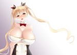  1girl azur_lane bangs bare_shoulders black_ribbon blonde_hair blush breast_hold breasts cleavage collarbone commentary_request covered_navel detached_collar eyebrows_visible_through_hair floating_hair gradient gradient_background hair_ribbon head_tilt heavy_breathing highres huge_breasts long_hair looking_at_viewer nelson_(azur_lane) open_mouth paundo2 red_eyes ribbon skindentation solo tied_hair twintails very_long_hair 