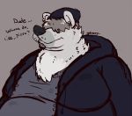  anthro beanie belly big_belly clothed clothing ear_piercing english_text fur hat headgear headwear hoodie kikatsu male mammal moobs obese obese_male overweight overweight_male patrick_o&#039;toole piercing polar_bear solo text topwear ursid ursine white_fur 