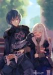  1boy 1girl armor bangs blue_eyes blue_hair blush byleth_(fire_emblem) byleth_(fire_emblem)_(male) cape closed_eyes cookie embarrassed epaulettes fire_emblem fire_emblem:_three_houses food gloves hair_ornament highres jacket long_hair long_sleeves lysithea_von_ordelia open_mouth pink_eyes short_hair shuu_(fuhm7757) simple_background uniform upper_body white_hair 