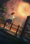  1girl aerial_fireworks bangs black_sailor_collar blue_skirt brown_eyes brown_hair cellphone commentary_request dutch_angle fireworks highres holding holding_cellphone holding_phone long_hair looking_at_viewer looking_back mocha_(cotton) night night_sky original outdoors phone pleated_skirt railing sailor_collar school_uniform serafuku shirt short_sleeves skirt sky solo standing tree white_shirt 