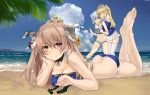  4girls beach bikini blonde_hair blue_bikini blue_eyes blue_hair blue_shirt blue_sky breasts brown_eyes cloud commentary_request day double_bun fletcher_(kantai_collection) gambier_bay_(kantai_collection) horizon hug hug_from_behind johnston_(kantai_collection) kantai_collection kuroinu9 light_brown_hair long_hair looking_at_viewer lying medium_breasts minigirl multiple_girls ocean off_shoulder on_head on_stomach one_eye_closed outdoors person_on_head pleated_skirt sailor_collar samuel_b._roberts_(kantai_collection) school_uniform serafuku shirt short_hair skirt sky striped striped_bikini swimsuit thighhighs two_side_up white_legwear white_sailor_collar white_skirt yellow_eyes 