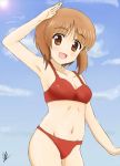  1girl armpits artist_logo bangs bikini blue_sky breasts brown_eyes brown_hair cloud cowboy_shot day eyebrows_visible_through_hair girls_und_panzer looking_at_viewer ma-2_(konkon_kitakitsune) nishizumi_miho outdoors red_bikini salute short_hair sky small_breasts smile solo swimsuit 